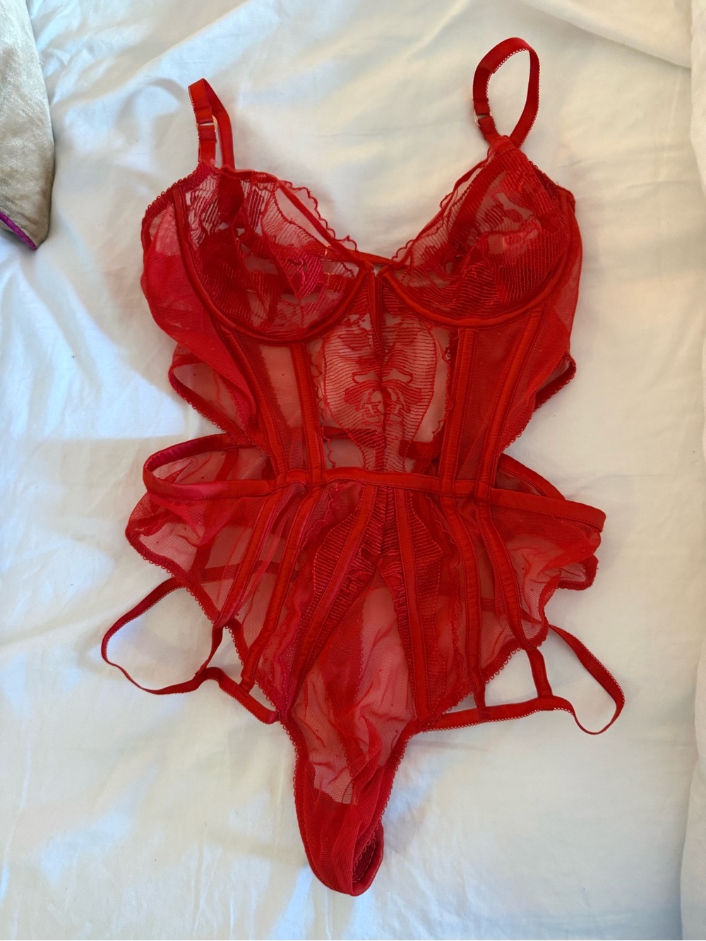 Sheer Red Lace and Mesh Bodysuit Chemise